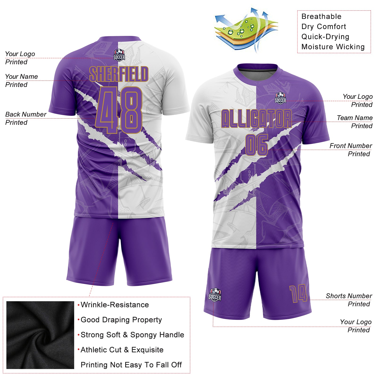 Custom Gold Purple-White Sublimation Soccer Uniform Jersey