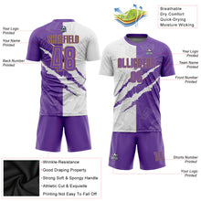 Laden Sie das Bild in den Galerie-Viewer, Custom Graffiti Pattern Purple White-Old Gold Sublimation Soccer Uniform Jersey
