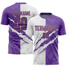 Load image into Gallery viewer, Custom Graffiti Pattern Purple White-Old Gold Scratch Sublimation Soccer Uniform Jersey
