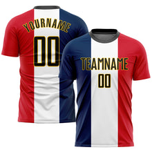 Load image into Gallery viewer, Custom Navy Black White Red-Gold Sublimation French Flag Soccer Uniform Jersey
