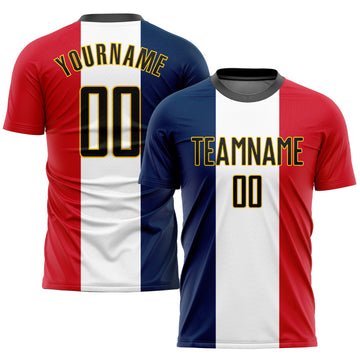 Custom Navy Black White Red-Gold Sublimation French Flag Soccer Uniform Jersey
