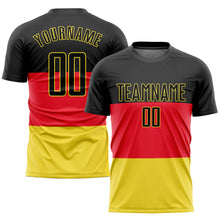 Laden Sie das Bild in den Galerie-Viewer, Custom Red Black-Gold Sublimation German Flag Soccer Uniform Jersey
