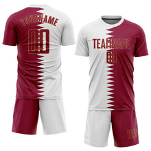 Laden Sie das Bild in den Galerie-Viewer, Custom White Crimson-Old Gold Sublimation Qatari Flag Soccer Uniform Jersey
