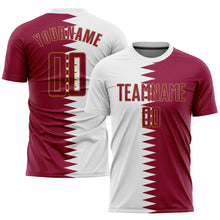 Laden Sie das Bild in den Galerie-Viewer, Custom White Crimson-Old Gold Sublimation Qatari Flag Soccer Uniform Jersey
