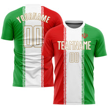 Laden Sie das Bild in den Galerie-Viewer, Custom Red White Kelly Green-Old Gold Sublimation Iranian Flag Soccer Uniform Jersey
