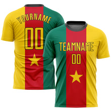 Laden Sie das Bild in den Galerie-Viewer, Custom Kelly Green Gold Red-Black Sublimation Cameroonian Flag Soccer Uniform Jersey
