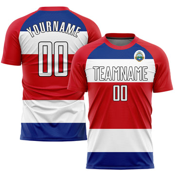 Custom Red White Royal-Black Sublimation Costa Rican Flag Soccer Uniform Jersey