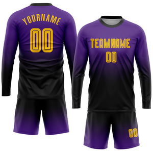 Custom Purple Gold-Black Sublimation Long Sleeve Fade Fashion Soccer Uniform Jersey