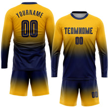 Load image into Gallery viewer, Custom Gold Navy Sublimation Long Sleeve Fade Fashion Soccer Uniform Jersey
