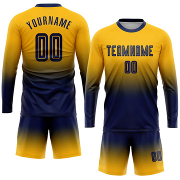 Custom Gold Navy Sublimation Long Sleeve Fade Fashion Soccer Uniform Jersey