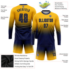 Load image into Gallery viewer, Custom Gold Navy Sublimation Long Sleeve Fade Fashion Soccer Uniform Jersey
