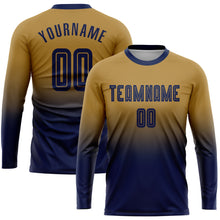 Load image into Gallery viewer, Custom Old Gold Navy Sublimation Long Sleeve Fade Fashion Soccer Uniform Jersey
