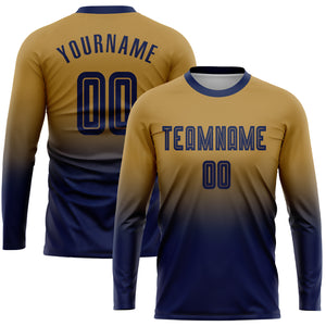 Custom Old Gold Navy Sublimation Long Sleeve Fade Fashion Soccer Uniform Jersey