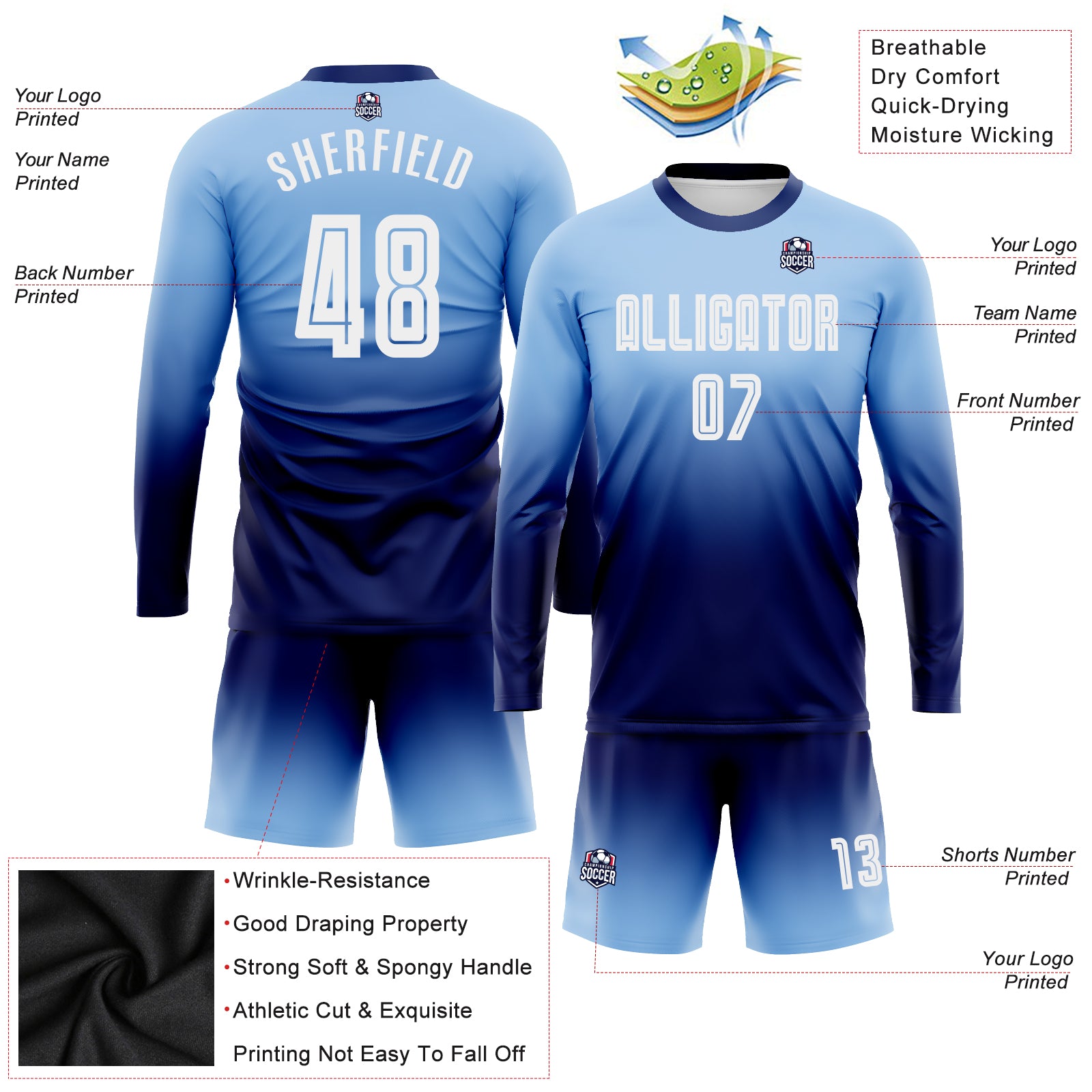 Custom Gray Light Blue-White Sublimation Split Fashion Soccer Uniform Jersey