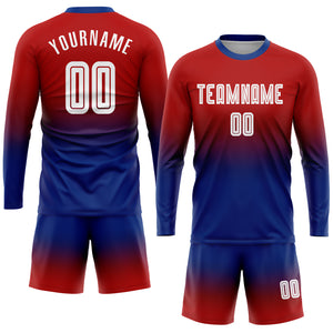 Custom Red White-Royal Sublimation Long Sleeve Fade Fashion Soccer Uniform Jersey