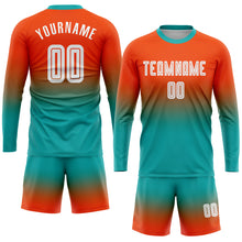 Laden Sie das Bild in den Galerie-Viewer, Custom Orange White-Aqua Sublimation Long Sleeve Fade Fashion Soccer Uniform Jersey
