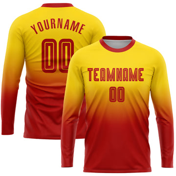 Custom Gold Red Sublimation Long Sleeve Fade Fashion Soccer Uniform Jersey