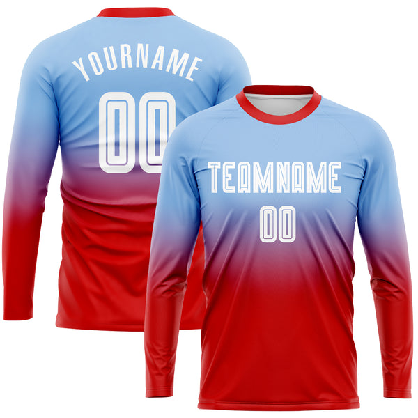 Cheap Custom Light Blue White-Red Sublimation Long Sleeve Fade