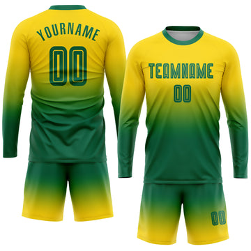 Custom Gold Kelly Green Sublimation Long Sleeve Fade Fashion Soccer Uniform Jersey