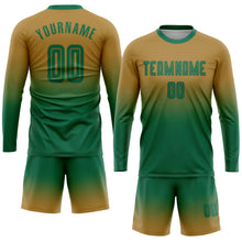 Load image into Gallery viewer, Custom Old Gold Kelly Green Sublimation Long Sleeve Fade Fashion Soccer Uniform Jersey
