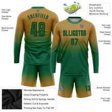 Laden Sie das Bild in den Galerie-Viewer, Custom Old Gold Kelly Green Sublimation Long Sleeve Fade Fashion Soccer Uniform Jersey
