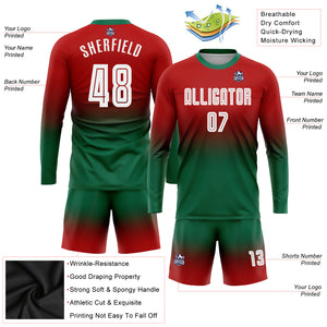 Custom Red White-Kelly Green Sublimation Long Sleeve Fade Fashion Soccer Uniform Jersey