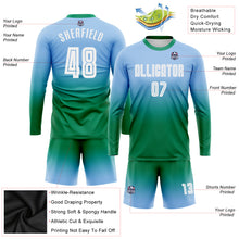 Load image into Gallery viewer, Custom Light Blue White-Kelly Green Sublimation Long Sleeve Fade Fashion Soccer Uniform Jersey
