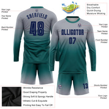 Laden Sie das Bild in den Galerie-Viewer, Custom Gray Navy-Teal Sublimation Long Sleeve Fade Fashion Soccer Uniform Jersey
