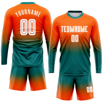 Custom Orange White-Teal Sublimation Long Sleeve Fade Fashion Soccer Uniform Jersey