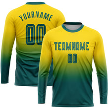 Load image into Gallery viewer, Custom Gold Teal Sublimation Long Sleeve Fade Fashion Soccer Uniform Jersey
