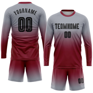 Custom Gray Black-Crimson Sublimation Long Sleeve Fade Fashion Soccer Uniform Jersey