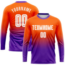 Laden Sie das Bild in den Galerie-Viewer, Custom Orange White-Purple Sublimation Long Sleeve Fade Fashion Soccer Uniform Jersey
