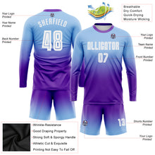 Laden Sie das Bild in den Galerie-Viewer, Custom Light Blue White-Purple Sublimation Long Sleeve Fade Fashion Soccer Uniform Jersey
