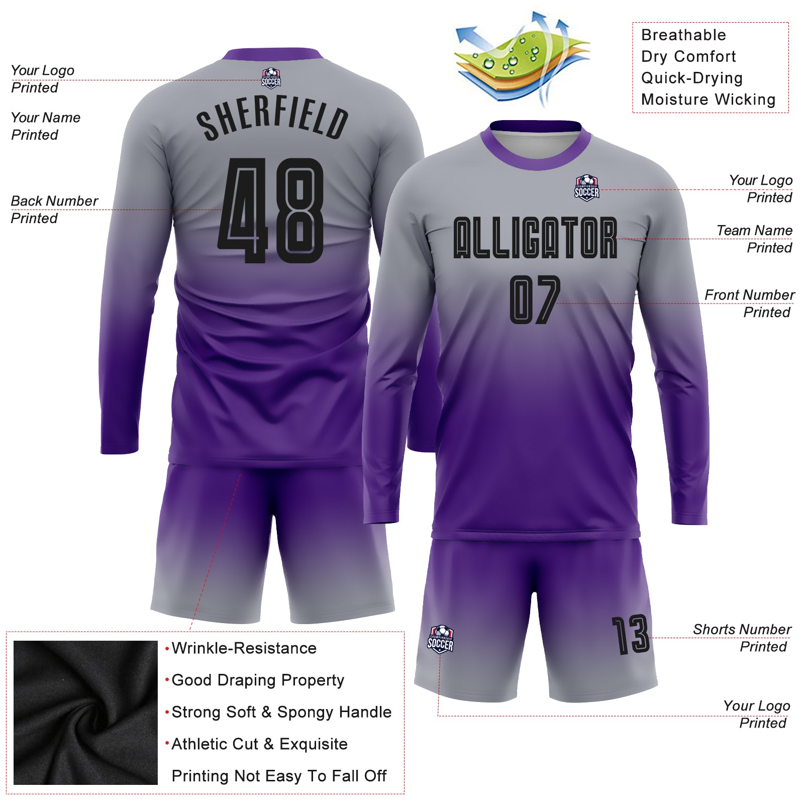 Cheap Custom Gray Black-Purple Sublimation Long Sleeve Fade