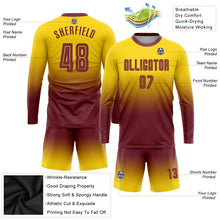 Laden Sie das Bild in den Galerie-Viewer, Custom Gold Burgundy Sublimation Long Sleeve Fade Fashion Soccer Uniform Jersey
