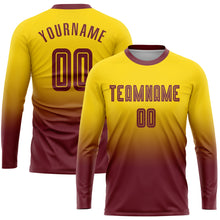 Laden Sie das Bild in den Galerie-Viewer, Custom Gold Burgundy Sublimation Long Sleeve Fade Fashion Soccer Uniform Jersey
