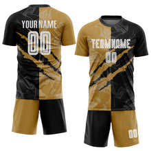 Laden Sie das Bild in den Galerie-Viewer, Custom Graffiti Pattern White Black-Old Gold Sublimation Soccer Uniform Jersey
