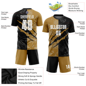 Custom Graffiti Pattern White Black-Old Gold Sublimation Soccer Uniform Jersey