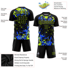 Load image into Gallery viewer, Custom Black Black Neon Green-Royal Sublimation Soccer Uniform Jersey

