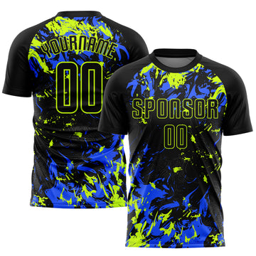 Custom Black Black Neon Green-Royal Sublimation Soccer Uniform Jersey