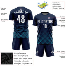 Laden Sie das Bild in den Galerie-Viewer, Custom Navy White-Teal Sublimation Soccer Uniform Jersey
