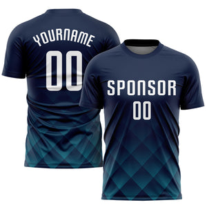 Custom Navy White-Teal Sublimation Soccer Uniform Jersey