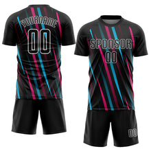 Laden Sie das Bild in den Galerie-Viewer, Custom Black Black Light Blue-Pink Sublimation Soccer Uniform Jersey
