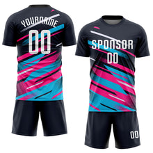 Load image into Gallery viewer, Custom Navy White Pink-Light Blue Sublimation Soccer Uniform Jersey

