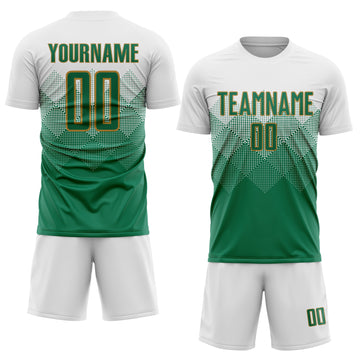 Custom White Kelly Green-Old Gold Sublimation Soccer Uniform Jersey