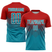 Load image into Gallery viewer, Custom Red Teal-White Sublimation Soccer Uniform Jersey
