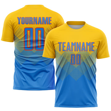 Custom Gold Powder Blue-Orange Sublimation Soccer Uniform Jersey