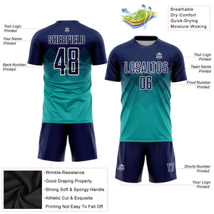 Custom Aqua Navy-White Sublimation Soccer Uniform Jersey