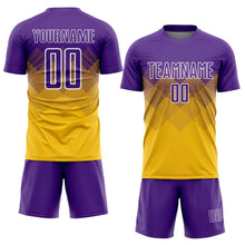 Laden Sie das Bild in den Galerie-Viewer, Custom Gold Purple-White Sublimation Soccer Uniform Jersey
