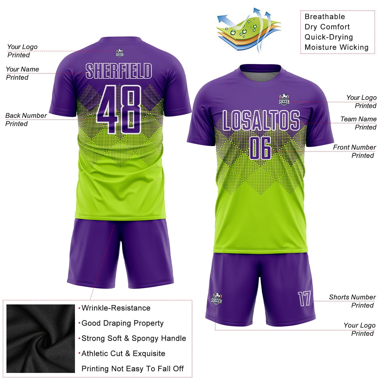 Cheap Custom Neon Green Purple-White Sublimation Soccer Uniform